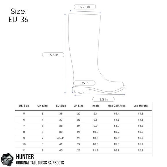 HUNTER ORIGINAL TALL RAIN BOOTS IN GLOSS BLACK WOMEN’S SHOE SIZE EU 36 BOOTS - Picture 14 of 16